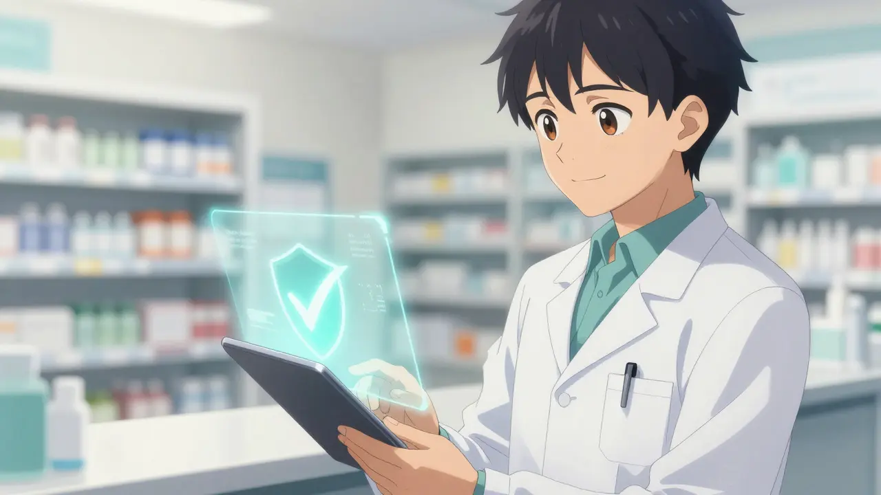 Anime pharmacist verifying drug safety with a digital tablet