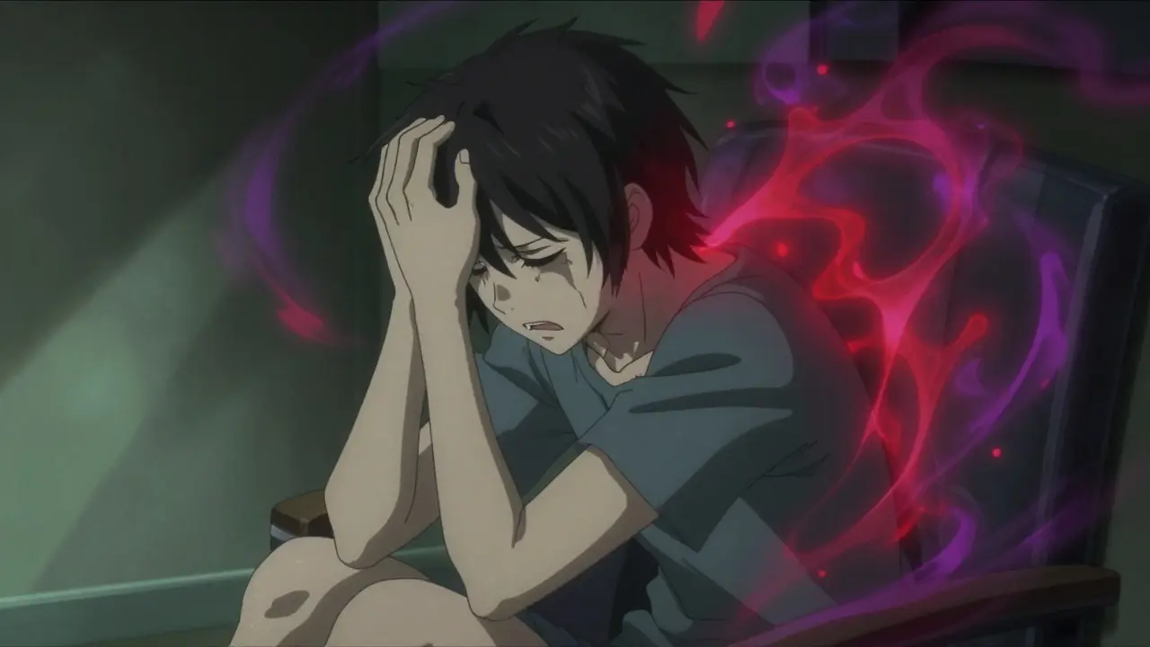 Distressed anime character showing signs of drug toxicity