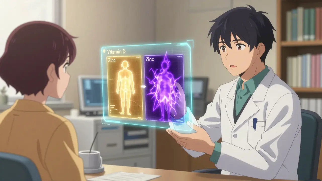 Doctor showing patient safe supplement alternatives on a hologram