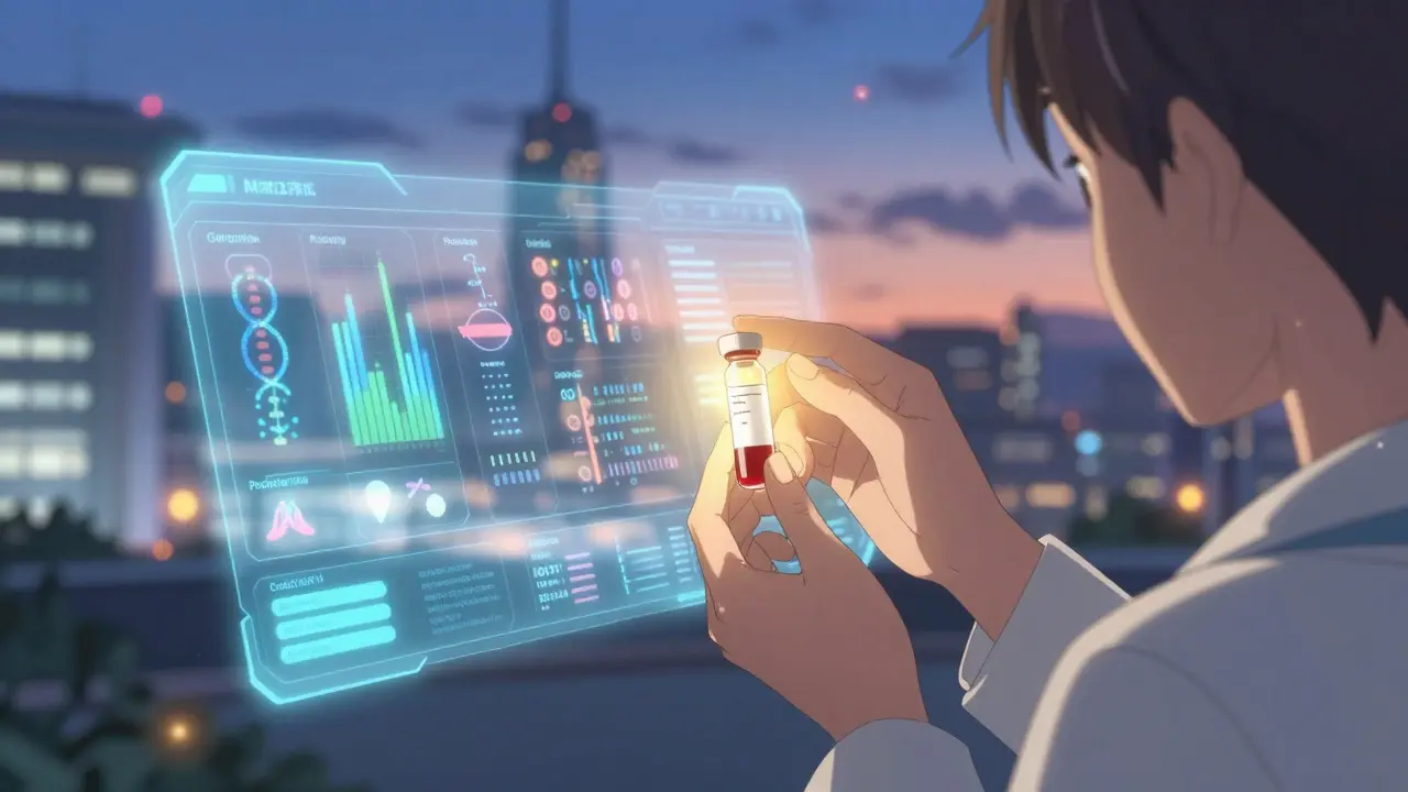 Glowing liquid biopsy sample surrounded by futuristic AI medical data interfaces