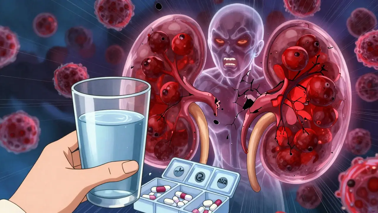 Immune cells attacking a cracking medication shield around a kidney
