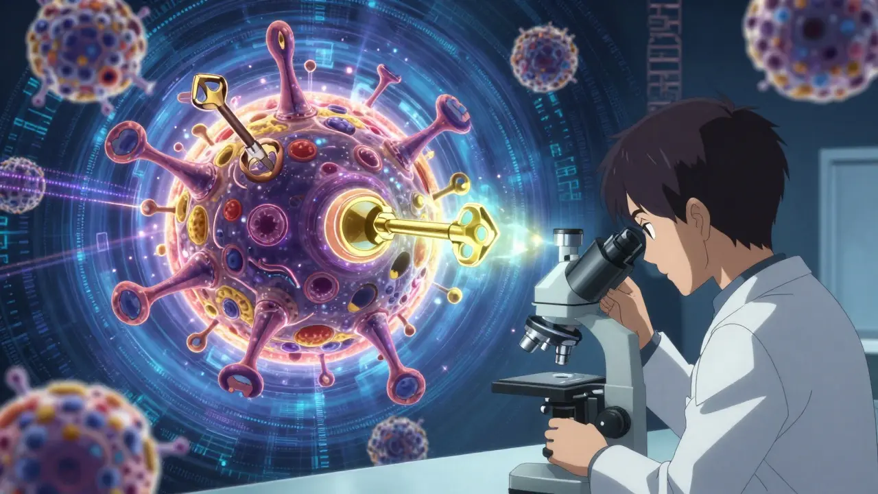 Microscopic view of targeted drug molecules locking into cancer cell receptors in anime style