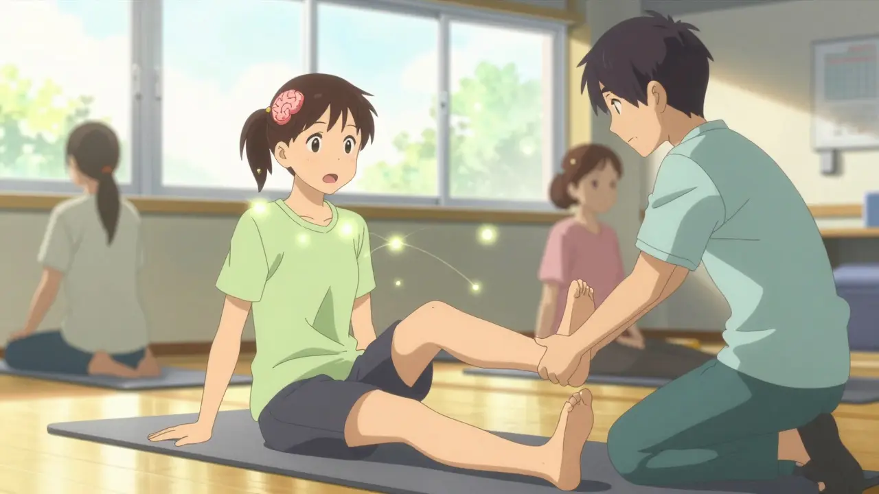 Patient undergoing physical therapy for nerve recovery in anime style