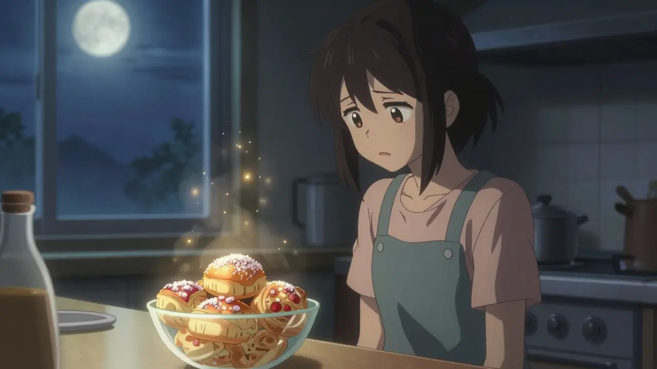 Person resisting sweet cravings in a moonlit kitchen
