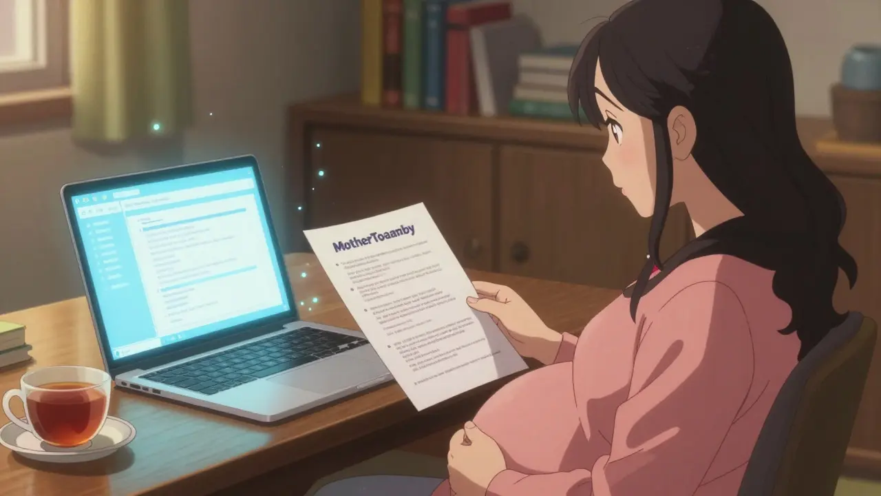 Pregnant woman researching medication info at home