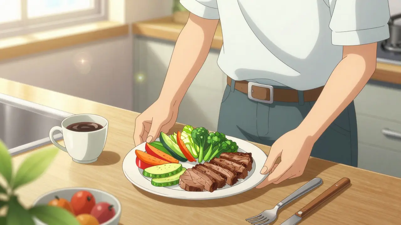 Preparing a high-protein meal in a sunlit kitchen