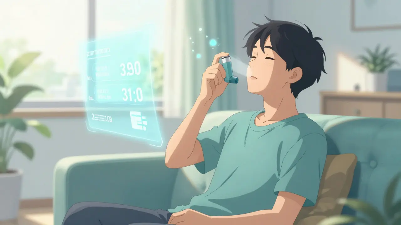 Relaxed anime character breathing easily with a generic inhaler in sunlight