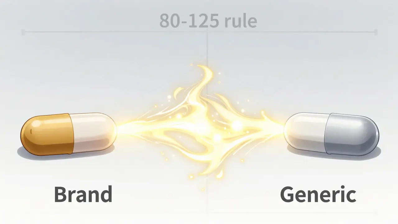 Two pills releasing identical energy streams symbolizing bioequivalence