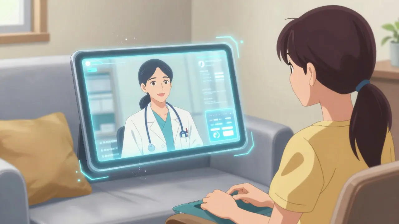 Anime woman consulting doctor via video call