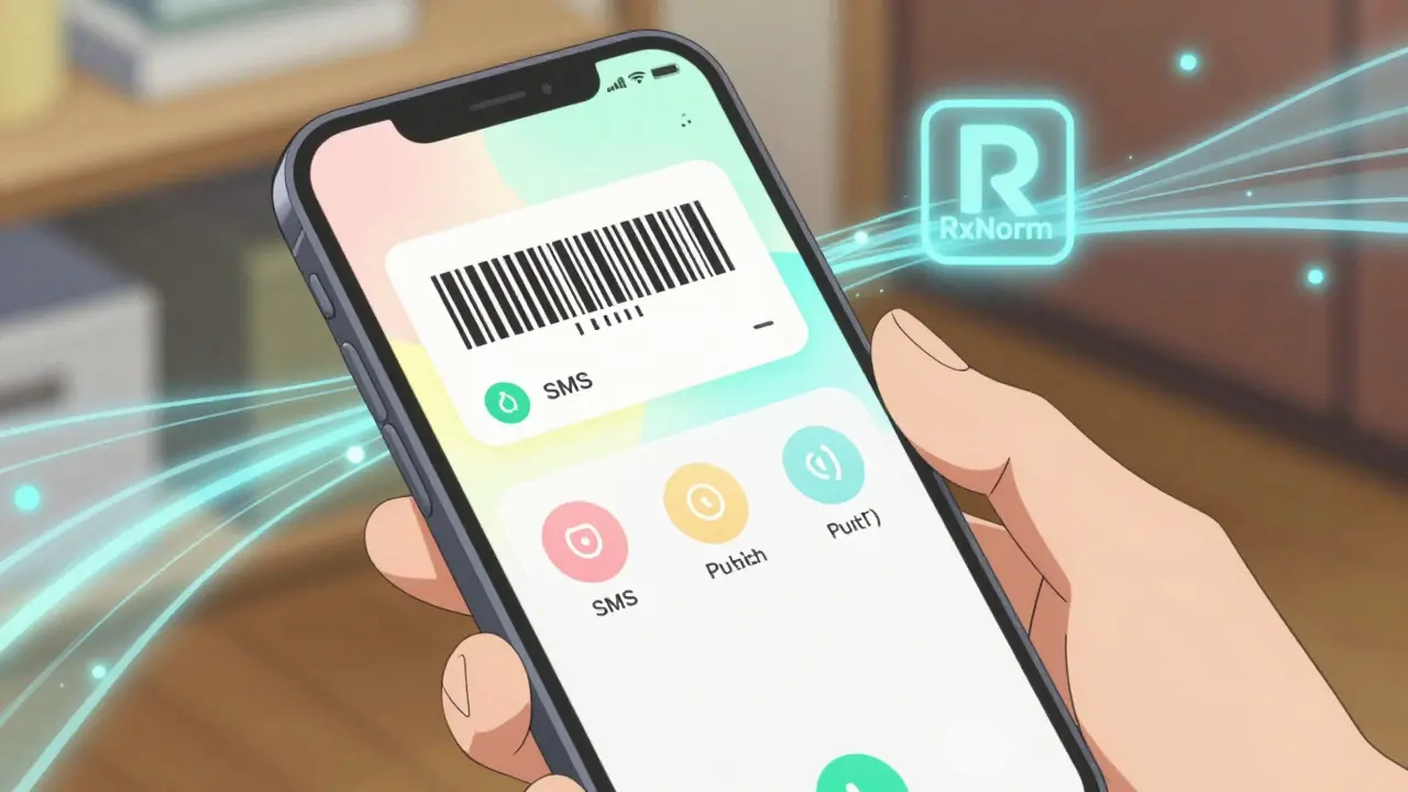 Close-up of smartphone showing clean medication app interface with glowing data streams in anime style.