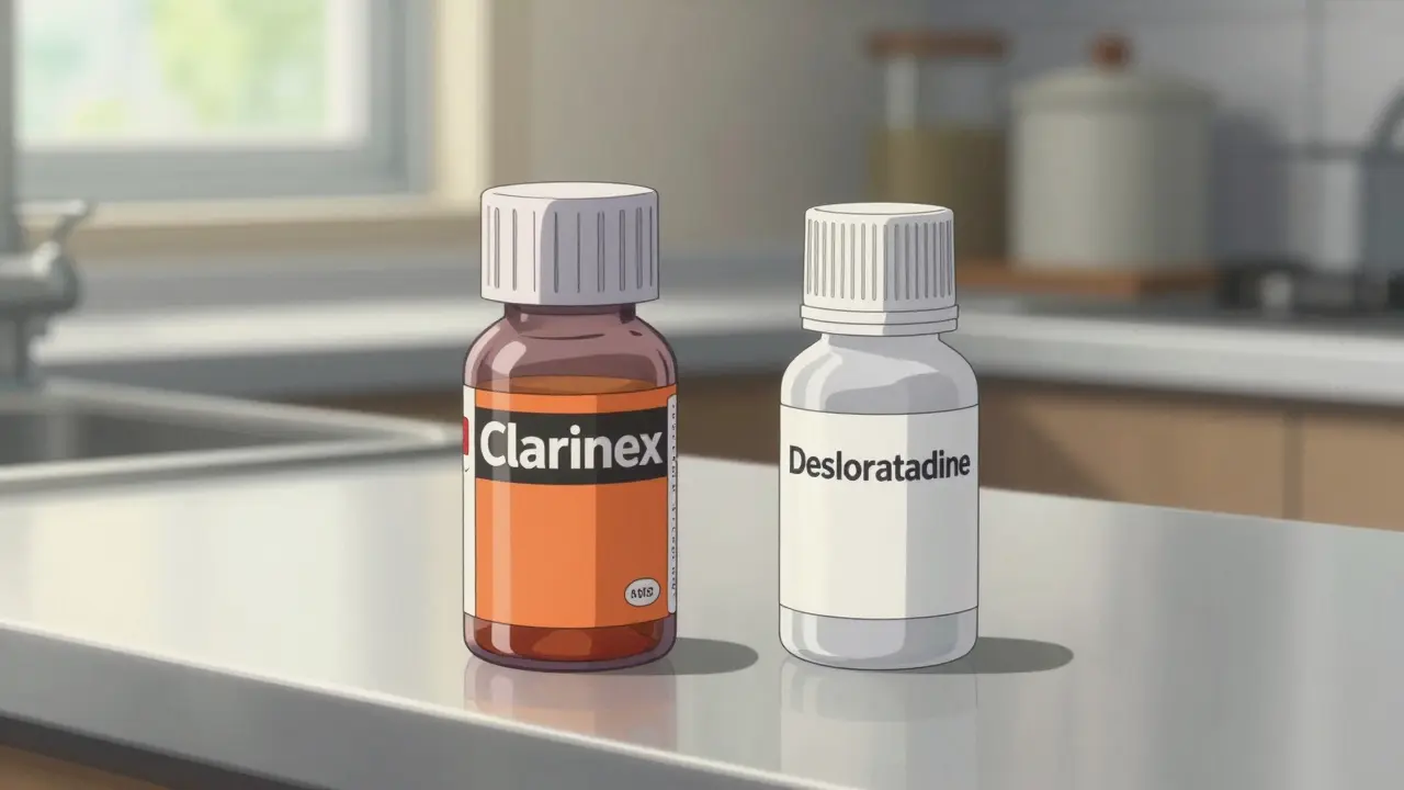 Comparison of brand name and generic allergy medicine bottles on a counter