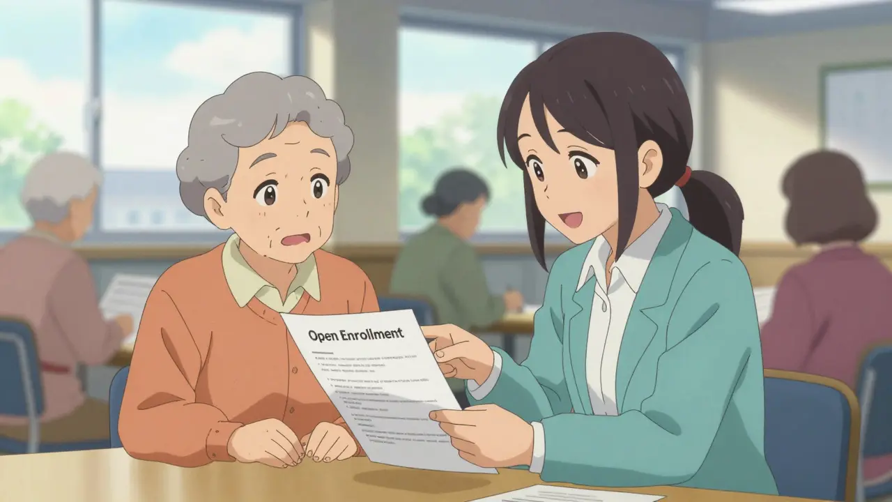 Counselor helping senior with enrollment in anime style