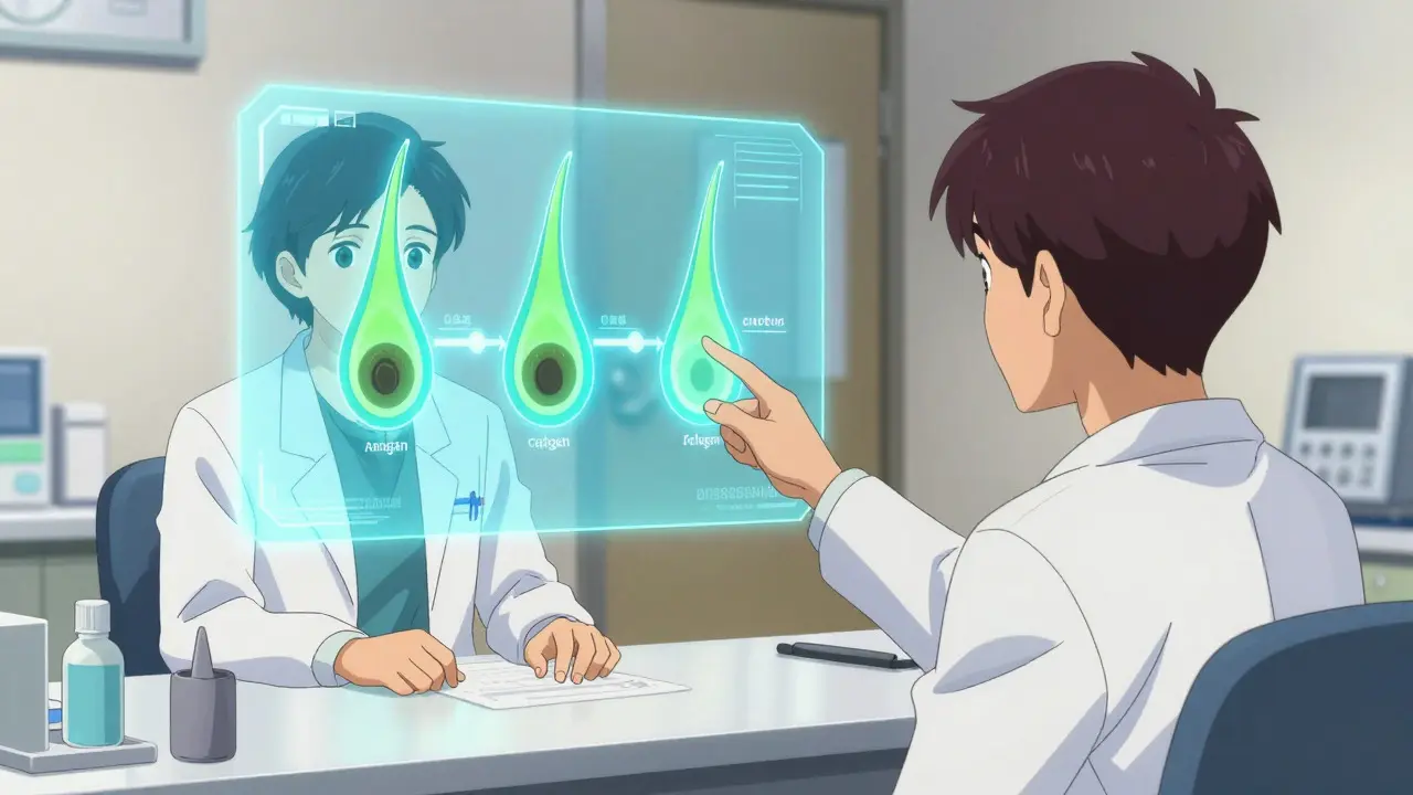 Doctor explaining hair growth cycle with hologram to patient