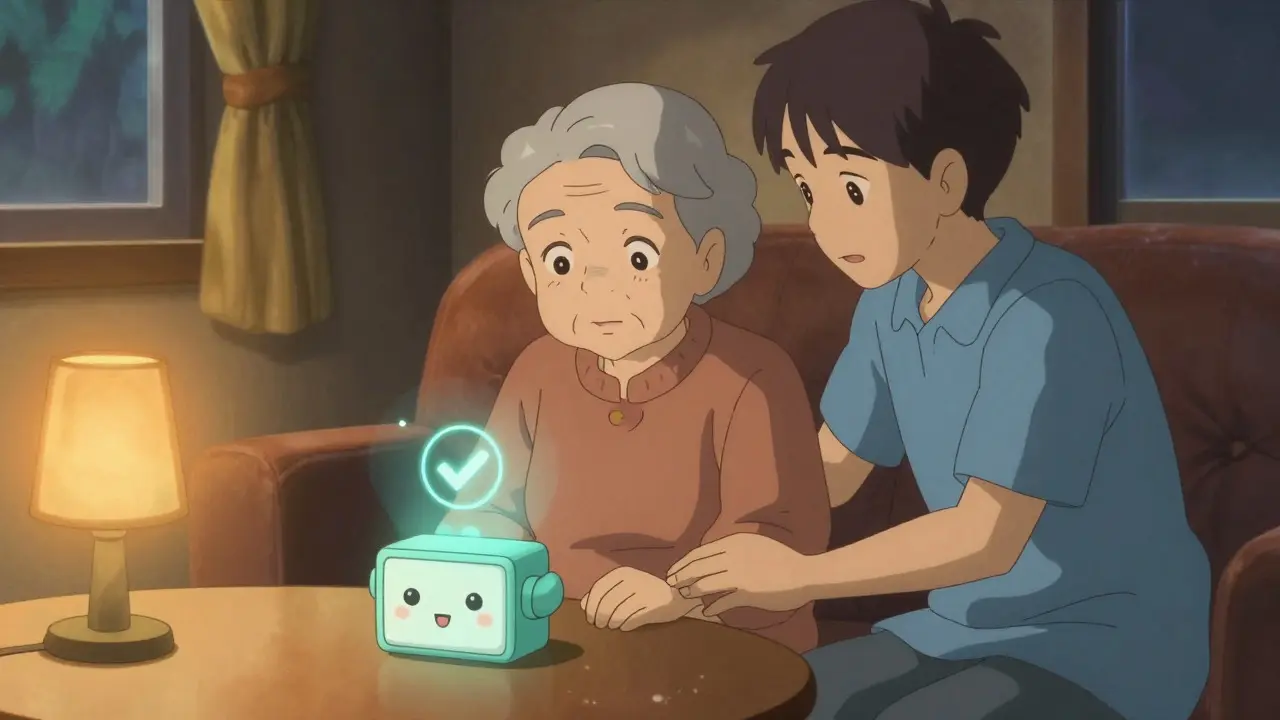 Elderly person and caregiver using a smart pill dispenser with a friendly animated face in anime style.