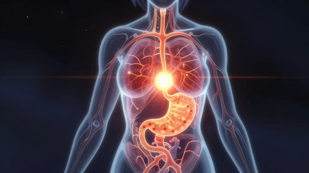 Glowing diagram of drug absorption in body