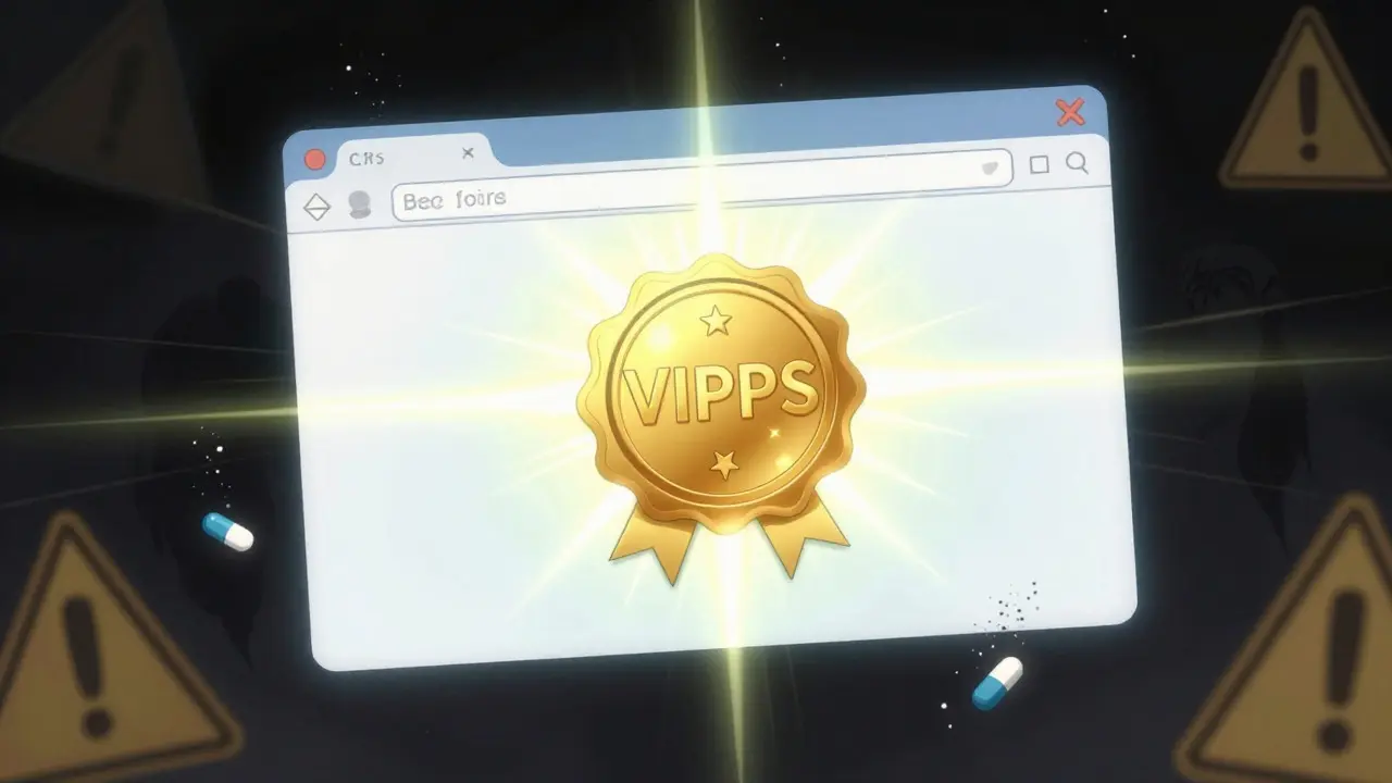 Glowing VIPPS pharmacy verification seal protecting against scams