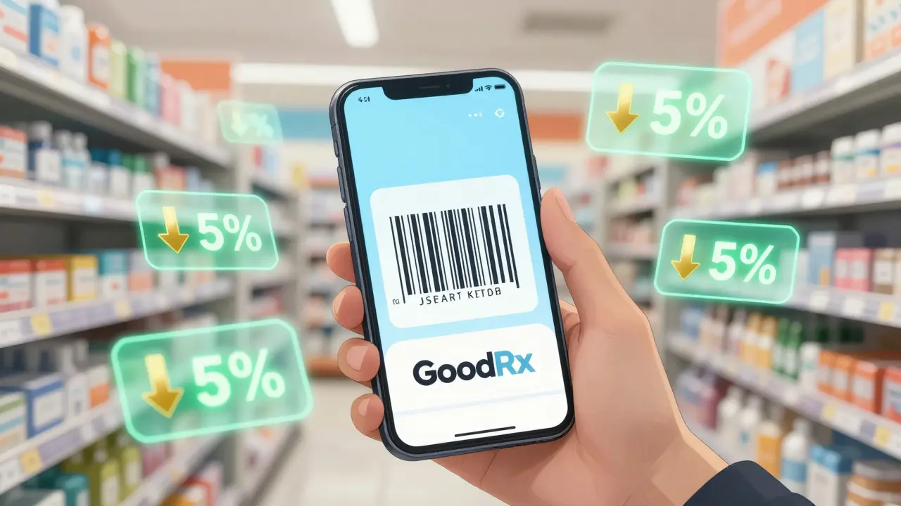 Hand holding phone with glowing coupon code surrounded by floating discount symbols