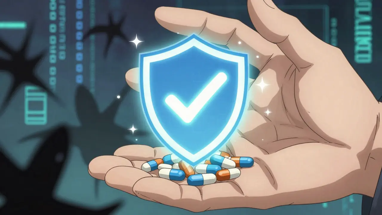 Hand protecting pills with a glowing safety verification shield