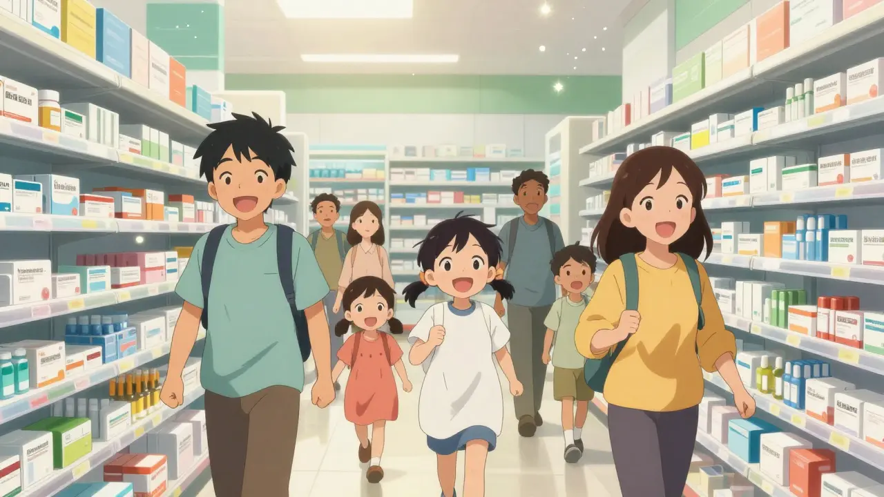 Happy patients browsing affordable generic drugs in a bright, sunlit pharmacy aisle.