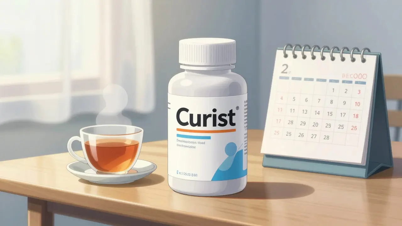 Large bottle of generic antihistamines on a table with morning light and tea