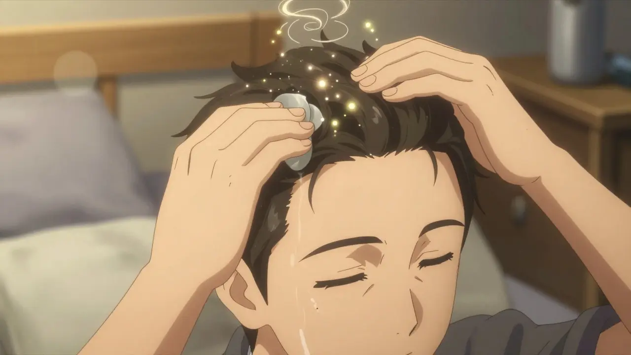 Person applying hair treatment with glowing regeneration effects