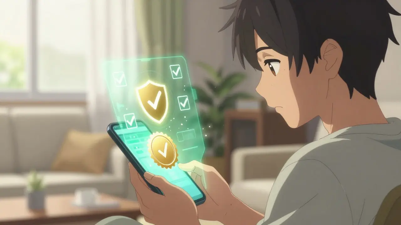 Person checking a secure online pharmacy verification on a smartphone