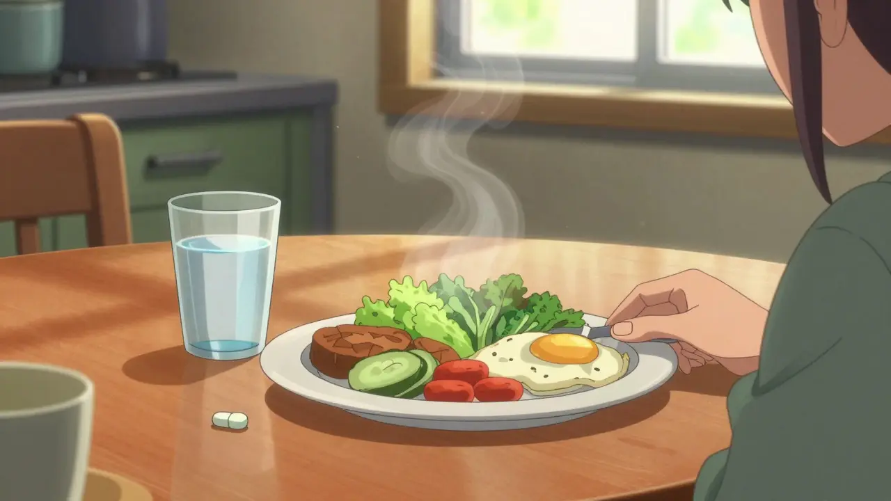 Pill taken with a meal in a sunny kitchen setting