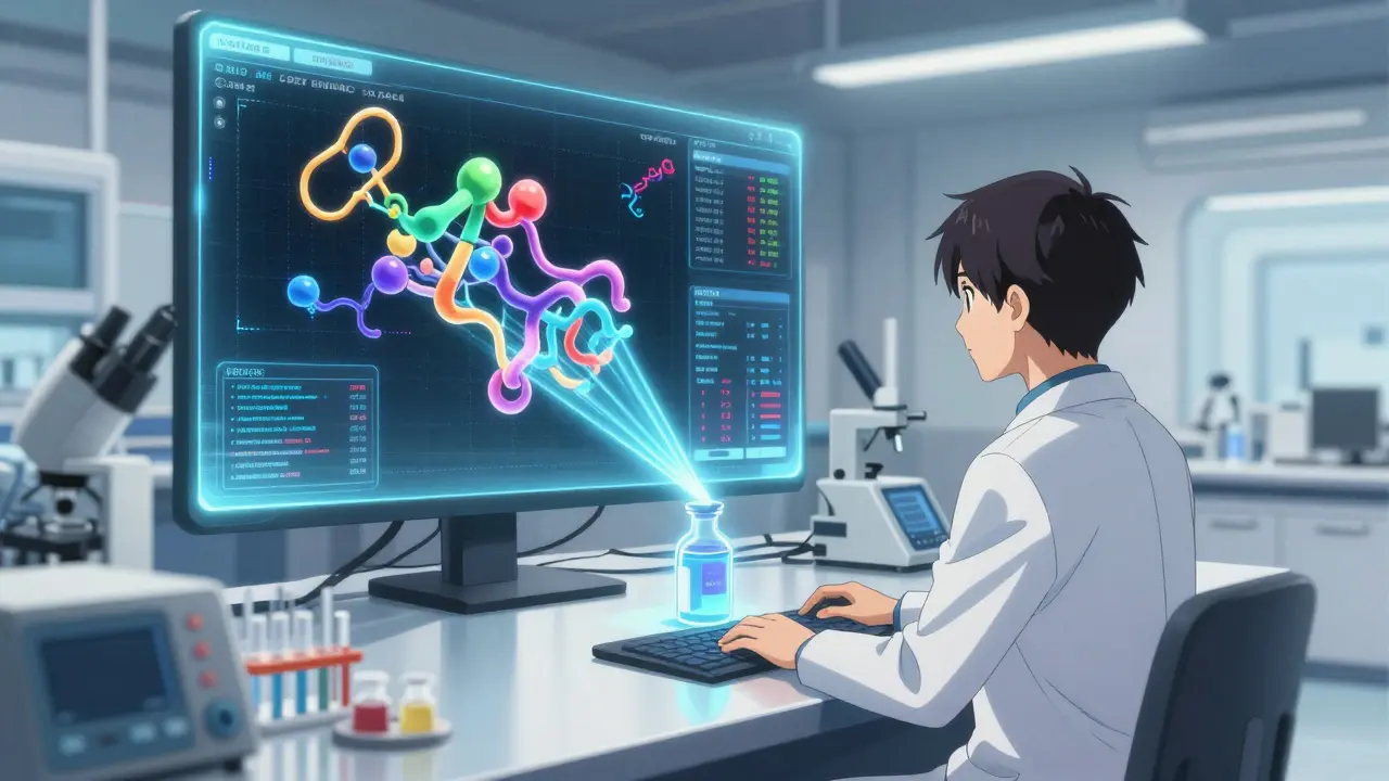 Scientist analyzing protein structures with holograms