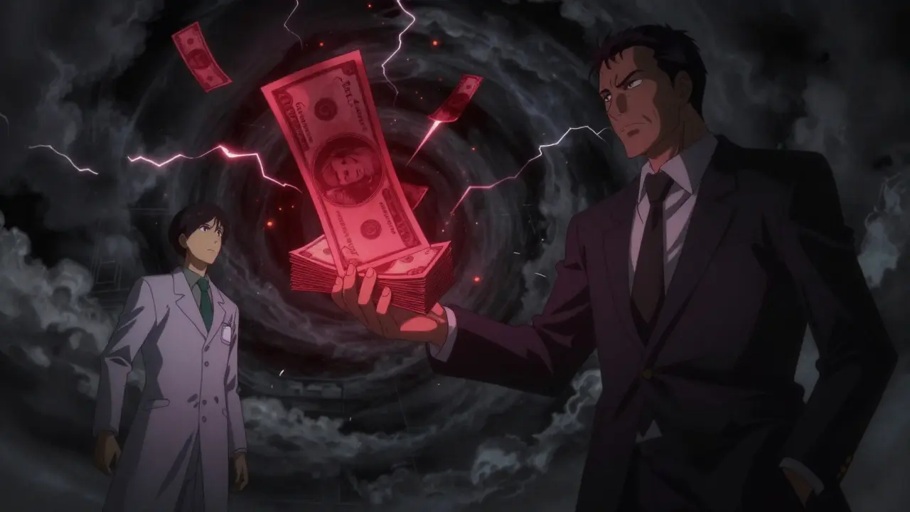 Shadowy executive offering red cash to a generic manufacturer in a dark, stormy scene.