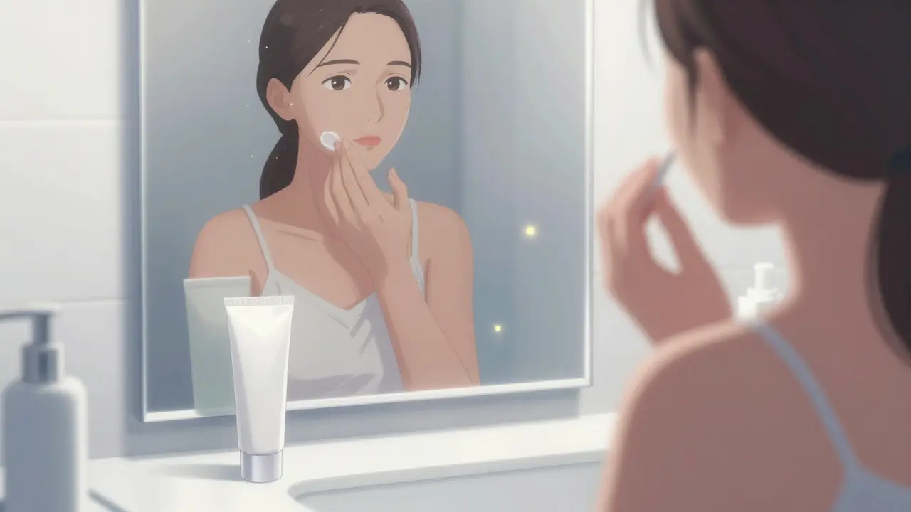Skincare tube on vanity with glowing reflection