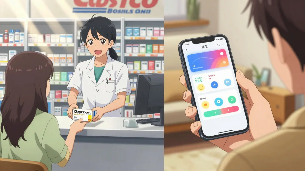 Split scene: buying generic meds at pharmacy vs using discount app