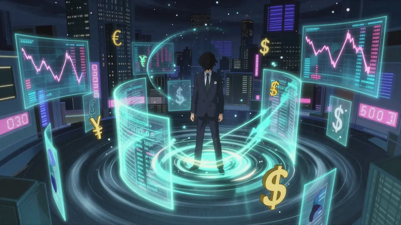 Abstract anime figure navigating complex pharmaceutical market forces