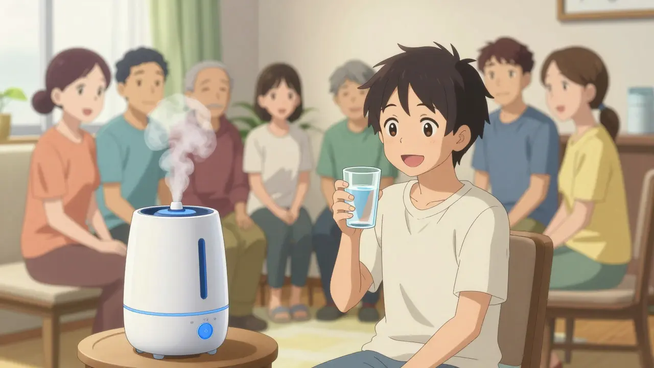 Anime scene of a patient managing Sjogren's syndrome with humidity and support