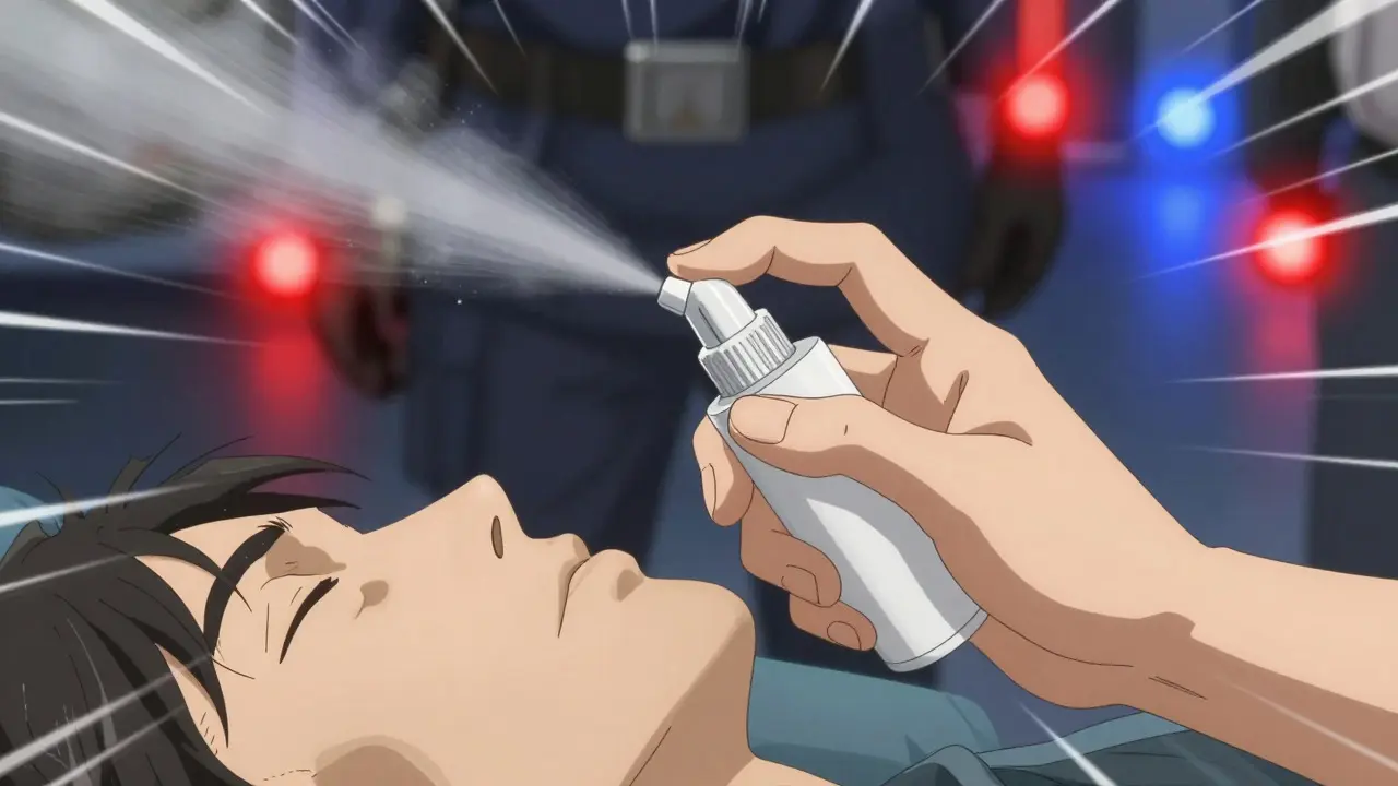 Anime style close-up of hands administering a nasal spray to a patient in the recovery position with emergency lights in background
