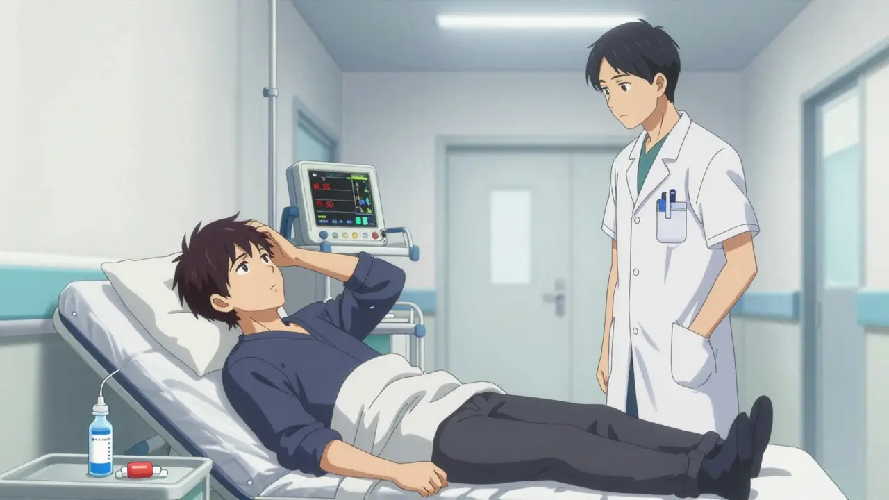 Anime style image of a conscious patient in a hospital setting looking confused while a paramedic monitors their condition