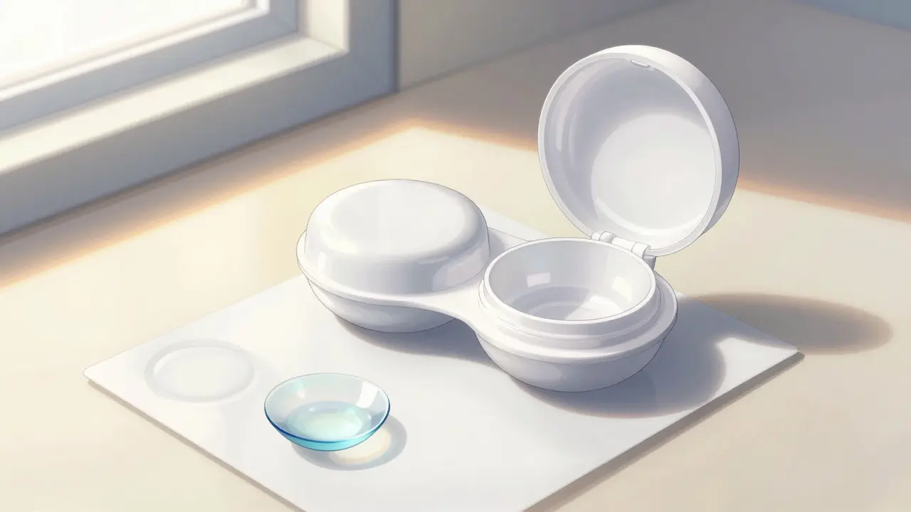 Clean anime-style contact lens case and daily disposable lens on a sunlit desk