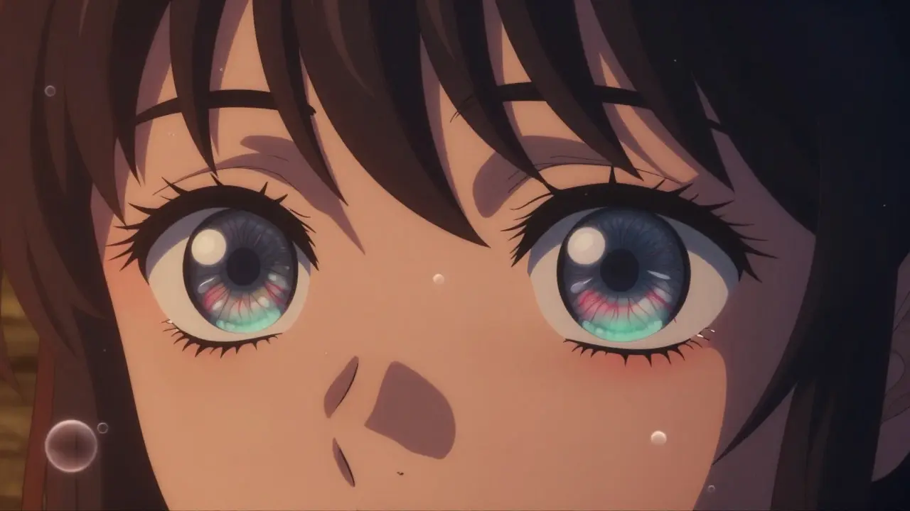 Close-up anime eye showing irritation and water droplets, illustrating lens risks