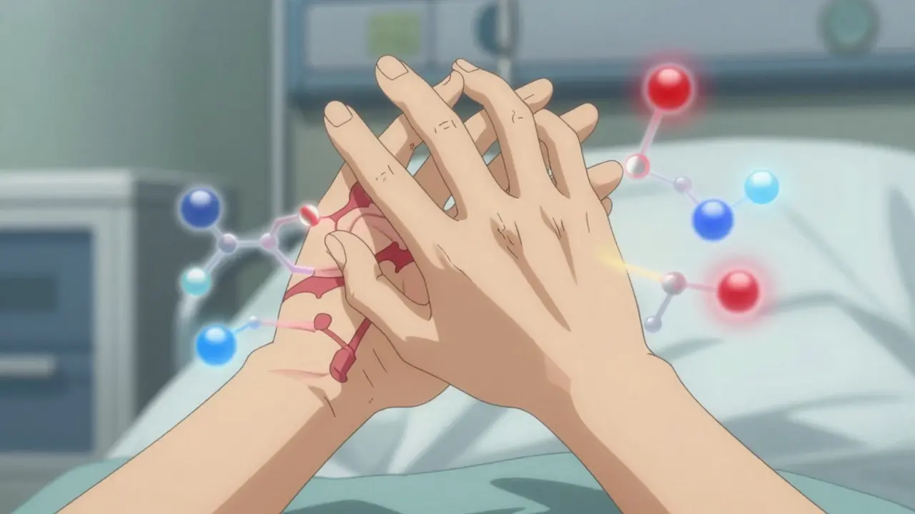 Close-up of trembling hands in an anime style illustrating Parkinson's symptom worsening