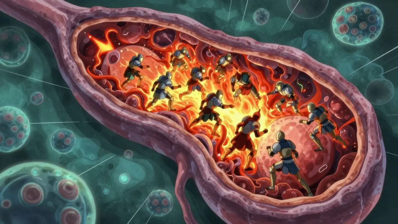 Conceptual anime art depicting immune cells attacking salivary glands