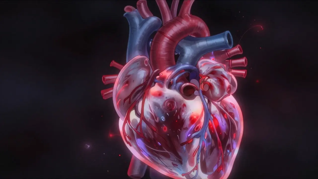 Conceptual art of a strained right heart and narrowed lung arteries