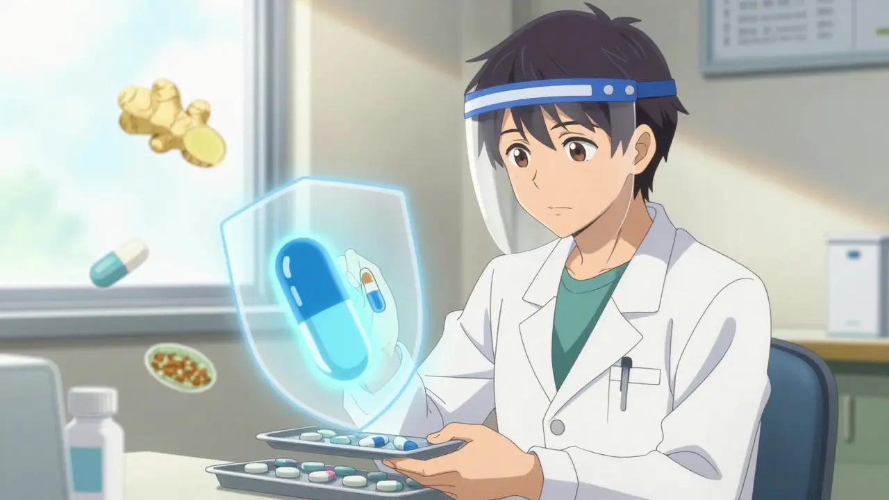Doctor selecting a safe medication in an anime hospital scene with a protective glow