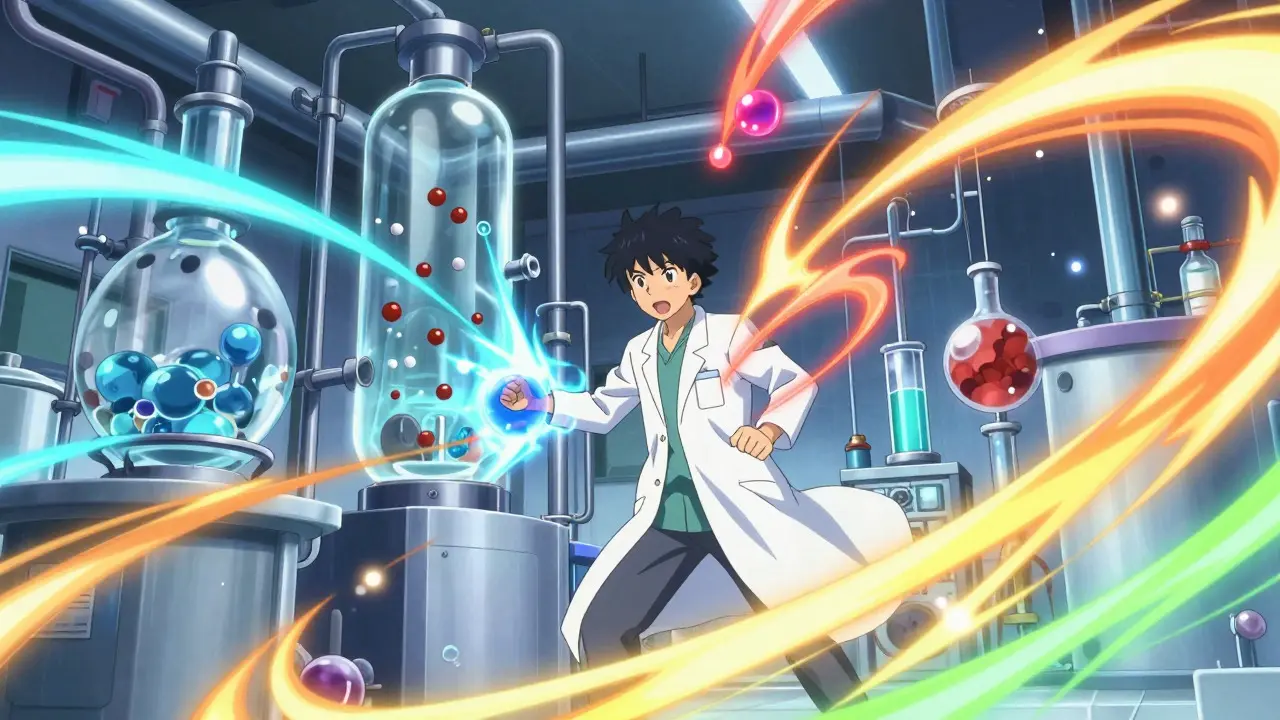 Engineer surrounded by swirling chemical reaction effects in a factory