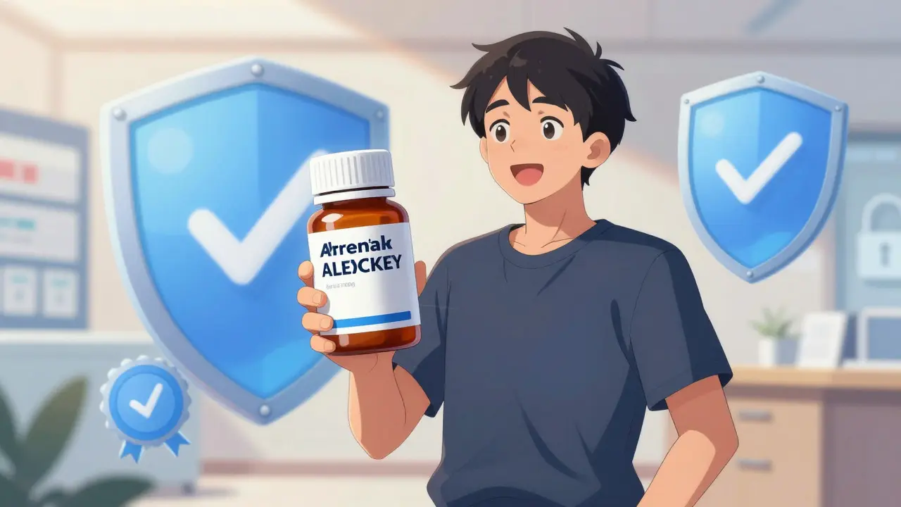 Happy anime character holding bulk allergy meds with safety shields