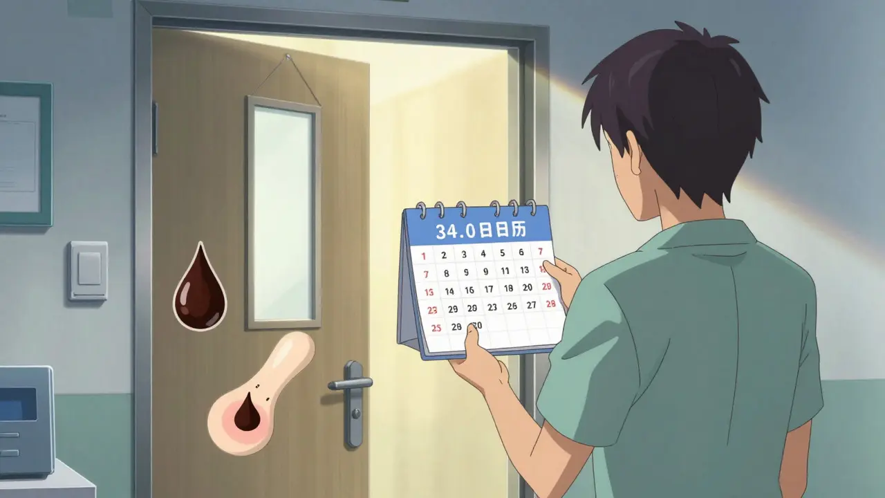 Patient checking calendar for post-treatment warning signs