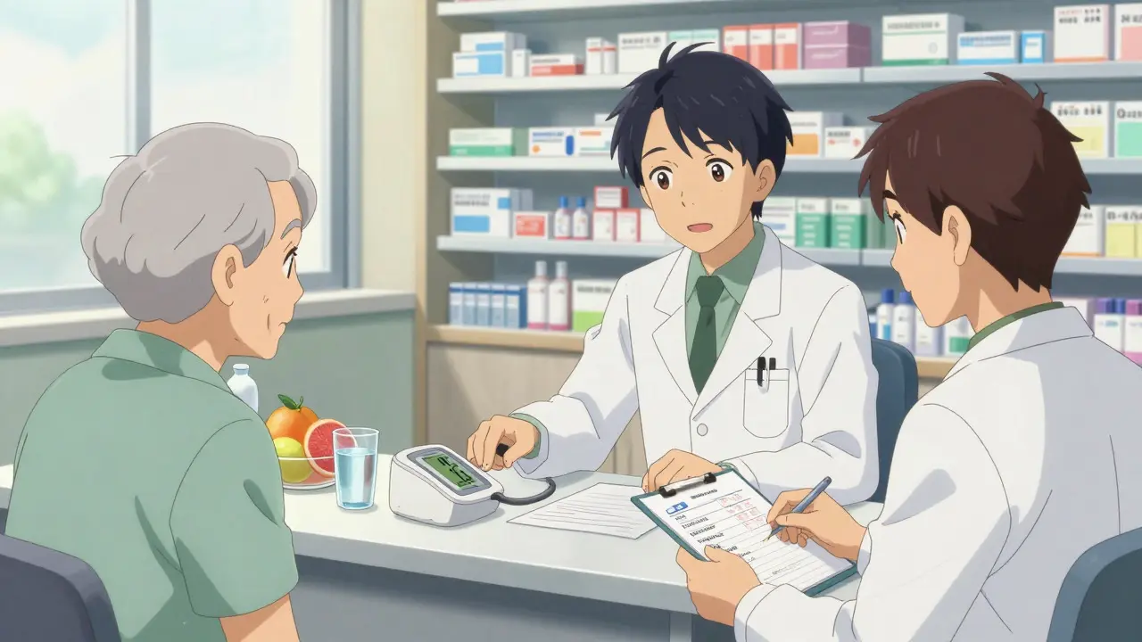 Patient discussing medication list with pharmacist at a desk