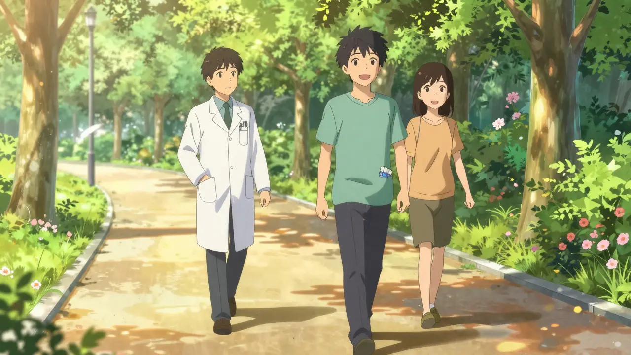 Patient walking happily in a park with support, symbolizing recovery