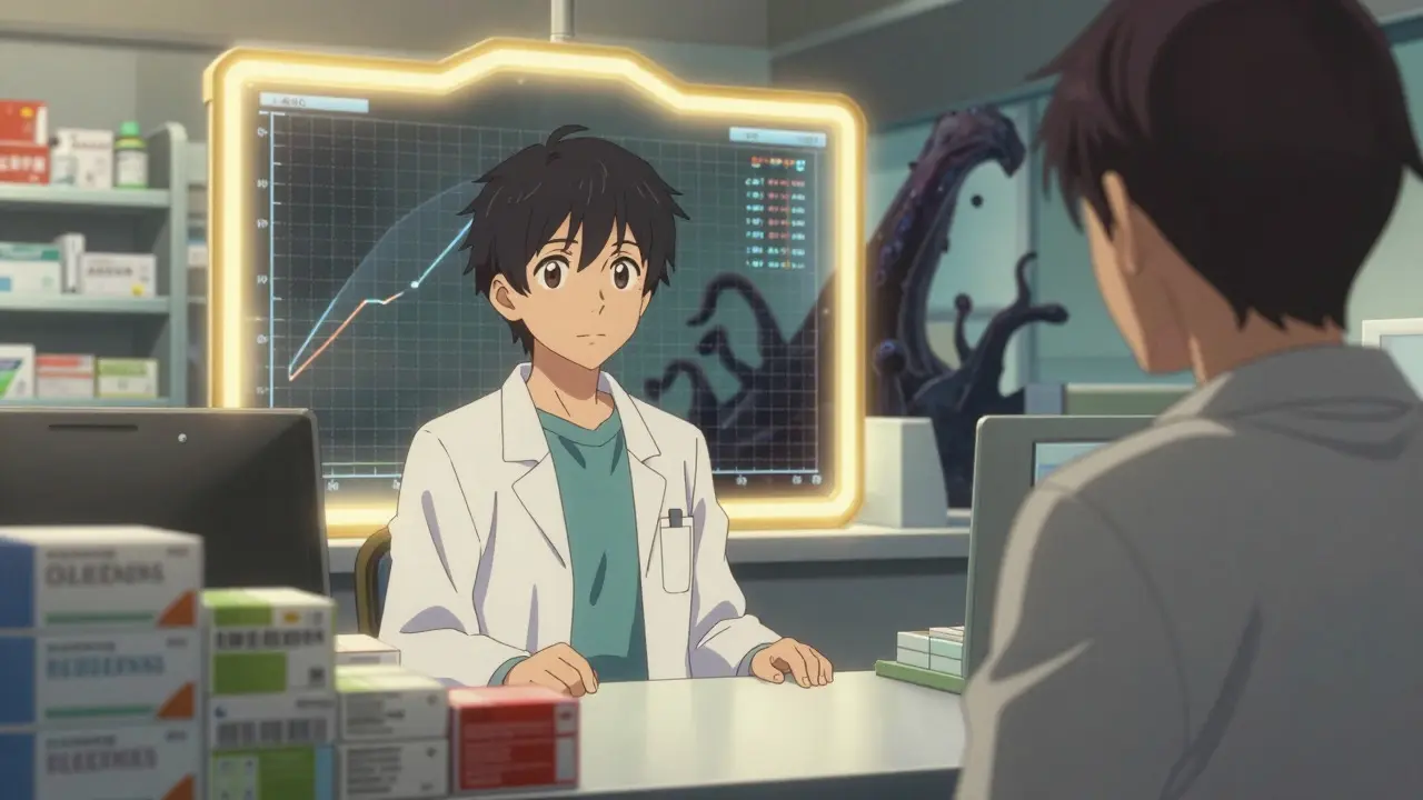 Pharmacist offering reassurance with a glowing safety shield behind