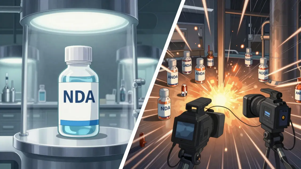 Split view of brand drug manufacturing vs generic production lines
