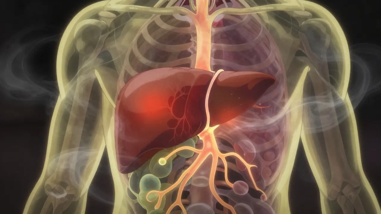 Stylized liver illustration showing blocked bile flow and symptoms