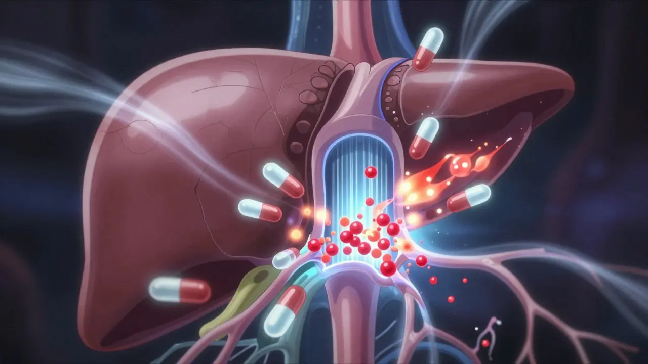 Stylized liver processing medication particles with glowing effects
